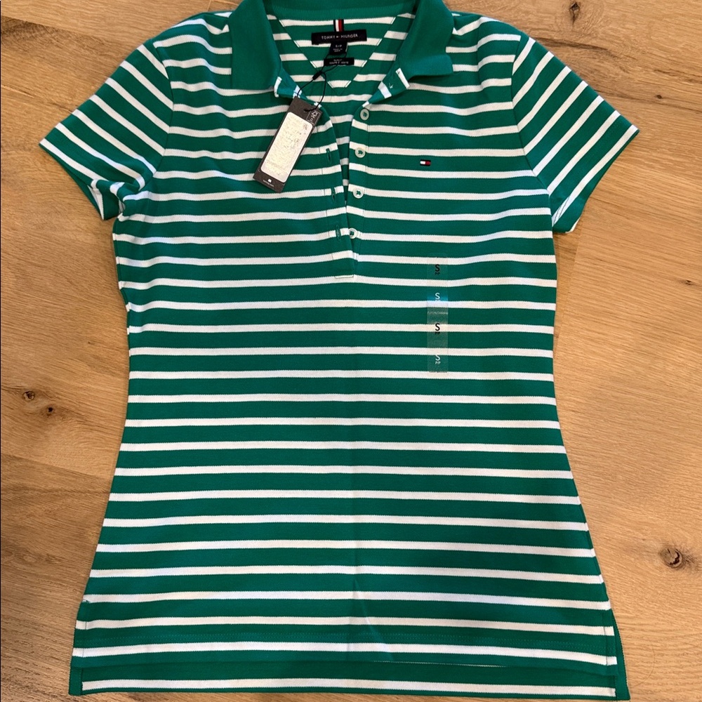 Tommy Hilfiger Teal and White Striped Polo